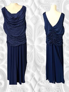 R&M Richards 20W Navy Sparkle Cowl-Neck Full Length Formal Dress